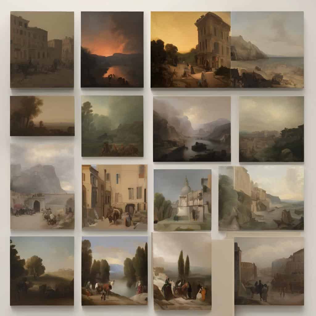 Μοντέρνα ελαιογραφία με συμβολική γραφή και εικονογραφία ιστορικών τοπίων και αρχιτεκτονικών θεμάτων.