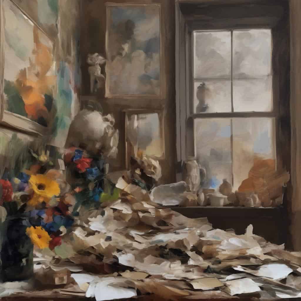 Καλλιτεχνική σκηνή με έπιπλα και έργα τέχνης, υπόφωτο παράθυρο με φυσικό φως, εκφραστική ατμόσφαιρα σχετικά με την τέχνη της συμβολικής γραφής και εικονογραφίας.