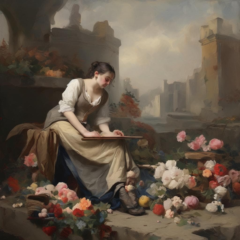 Ανύπανδρη γυναίκα ζωγραφισμένη σε ατμοσφαιρικό τοπίο με λουλούδια και ερειπωμένα κτήρια, αναδεικνύοντας την τέχνη της συμβολικής γραφής και εικονογραφίας.