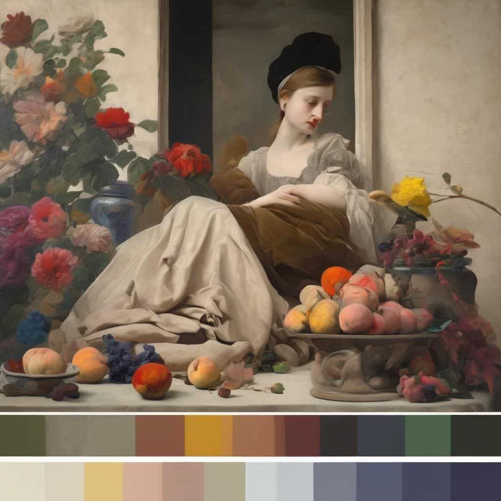 Ανθισμένα λουλούδια και αφηρημένα φρούτα σε έργο τέχνης με συμβολική γραφή και εικονογραφία.