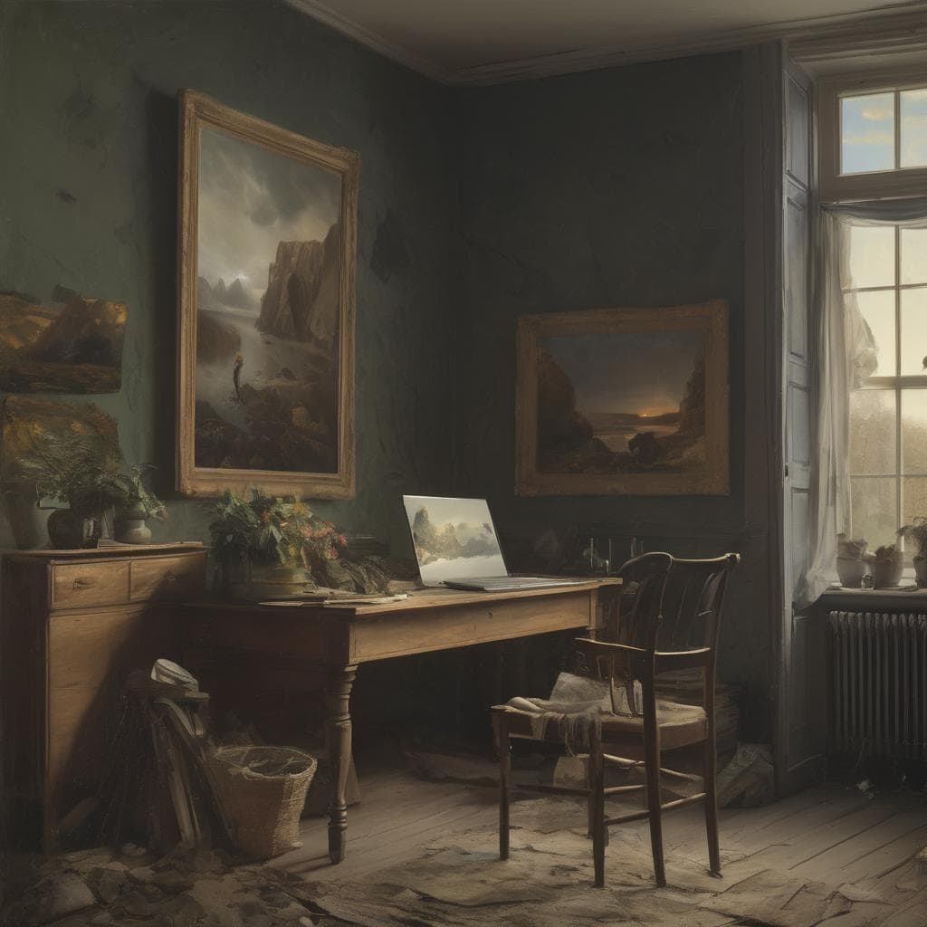 παραδοσιακή τοπίο ζωγραφική, τέχνη της συμβολικής γραφής και εικονογραφίας, εσωτερικό παλιού σπιτιού με πίνακες, όμορφη καλλιτεχνική σύνθεση, ρυθμική εικονογραφία, ιδανική για SEO.