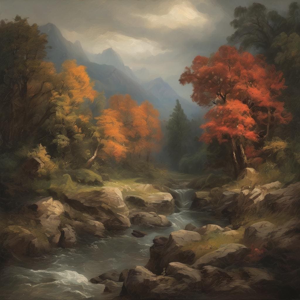 Ιστορική τοπίο με ρέον ποταμό και φθινοπωρινά δέντρα σε βουνό, τέχνη της συμβολικής γραφής και εικονογραφίας, αρχαία τέχνη και φύση.