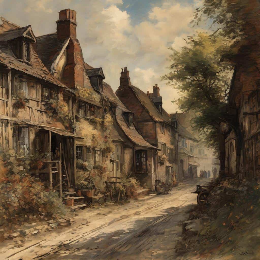 Παλιά σπίτια με ξύλινες προσόψεις σε γραφική γειτονιά, καλοκαιρινή ατμόσφαιρα.