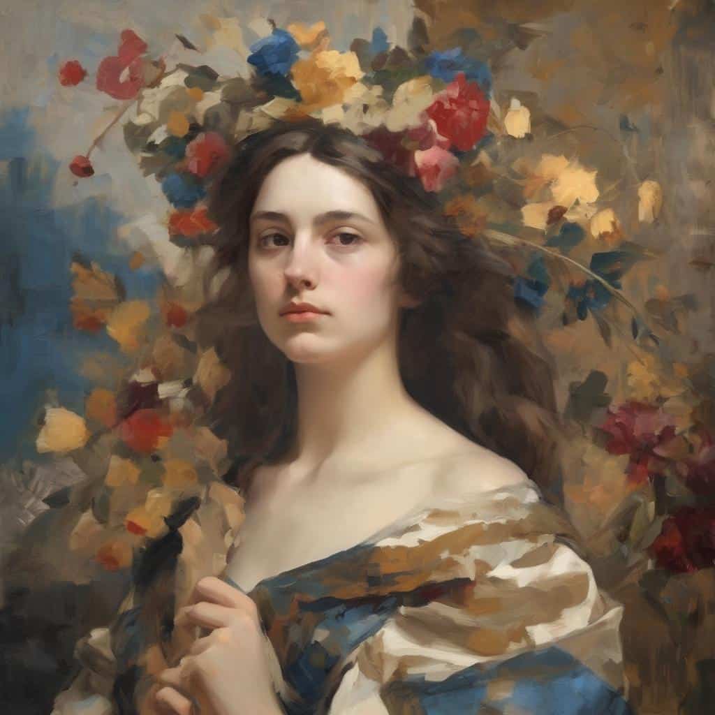 Ζωντανό πορτρέτο γυναίκας με φθαρμένα λουλούδια, εικονογραφία και συμβολική τέχνη.